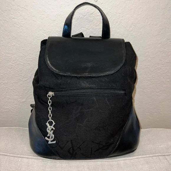 Auth YVES SAINT LAURENT Black Leather Cloth Backpack Purse Vintage YSL Logo Bag Saint Laurent Backpack Bags & Handbags for Women for sale | eBay main image 3